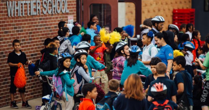 Students and guests gather at Whittier Elementary for Bike to School Day in 2015.