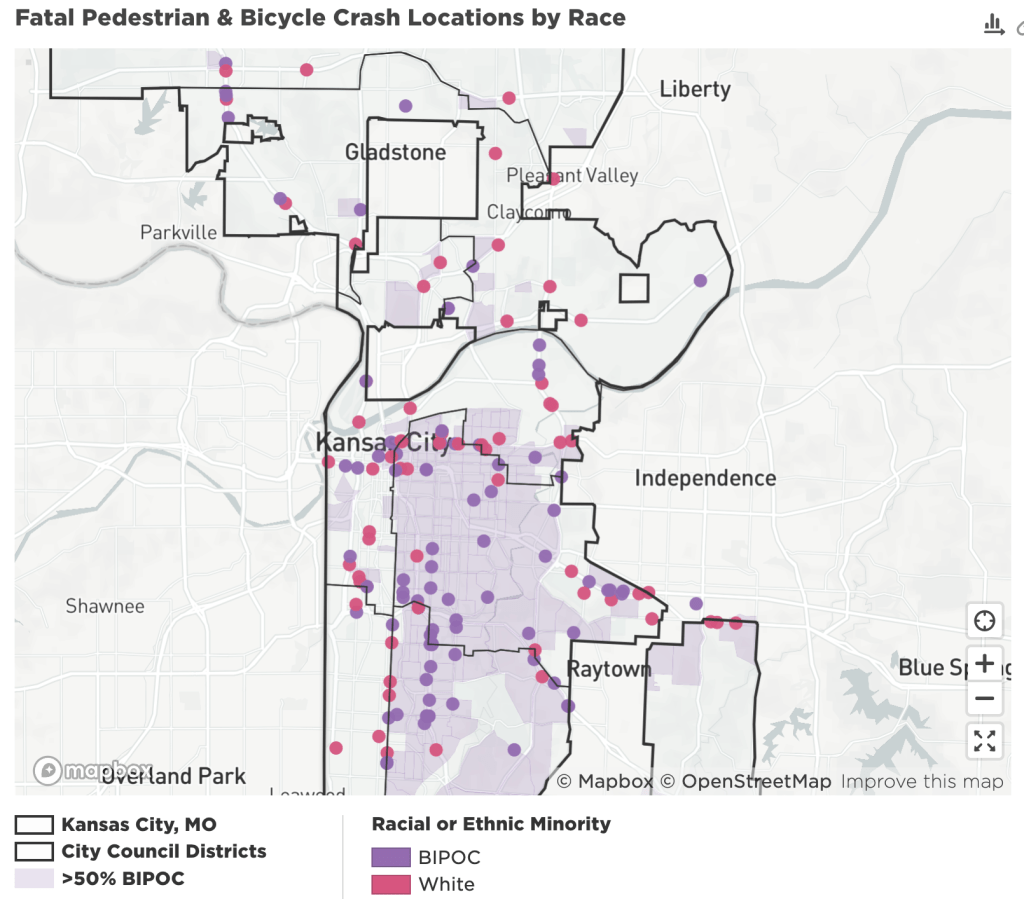 Map showing locations of fatal crashes involving people walking or biking, especially in BIPOC neighborhoods.