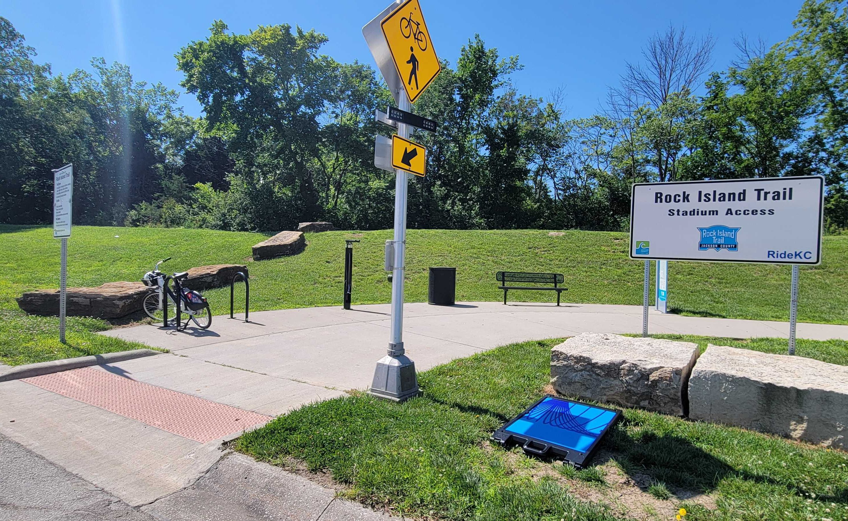 Bike parking at the terminus of the Rock Island Trail at KC Stadium. Lot L, Gate 3